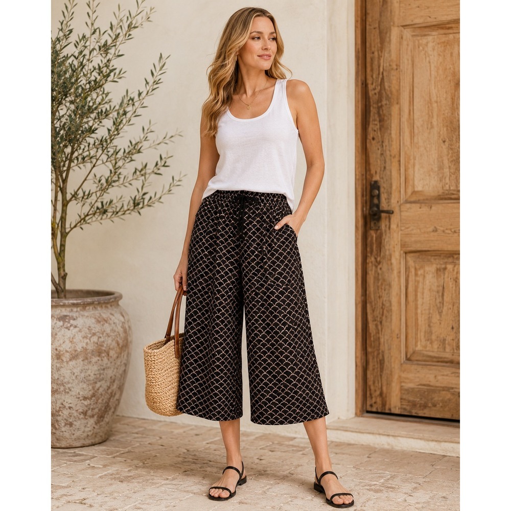 Westside Women's Palazzo Culotte Pants Medium Black Tan Geometric Print Wide Leg